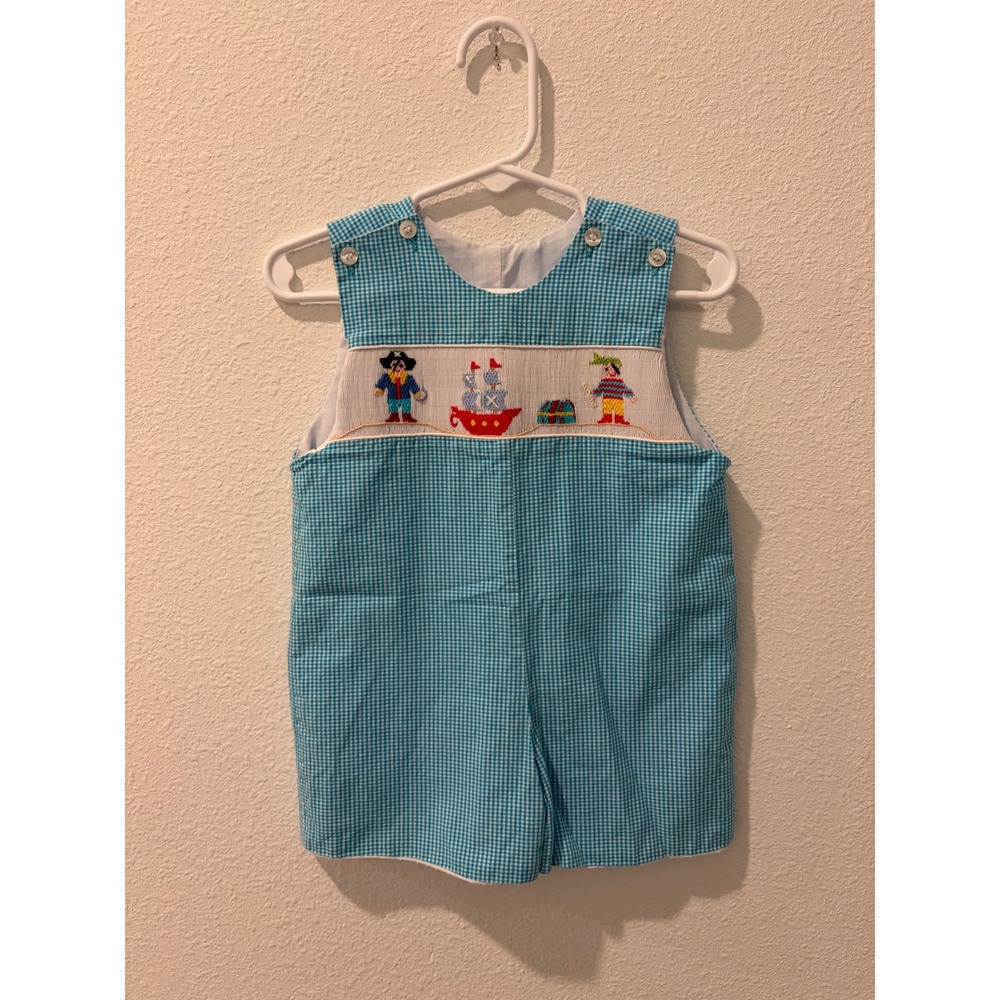 Anavini Hand Smocked Pirate Gingham Shortall Romper Blue White 12M